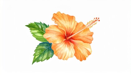 hand drawn watercolor orange hibiscus flower isolated on white background