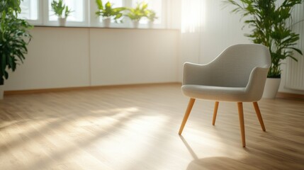 Cozy interior with natural light modern chair and green plant home decor