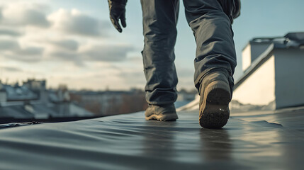 Obraz premium Construction Worker Walking on a Rooftop
