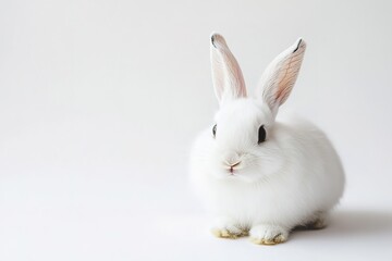 Obraz premium A fluffy white rabbit with long ears, sitting on a clean white background, showcasing its soft fur