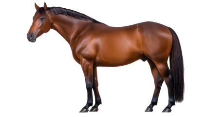 A powerful and graceful chestnut colored horse with a sleek coat and strong limbs standing in a natural outdoor environment