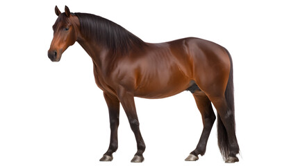 Fototapeta premium A powerful and regal brown horse stands proudly in a serene outdoor setting its muscular frame and elegant features showcasing the natural beauty and strength of this magnificent animal