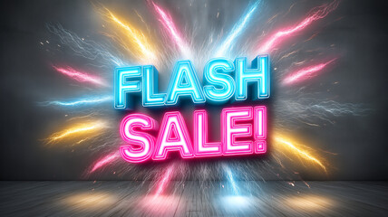 Bright Flash Sale inscriptions in the center of a dark background, framed by multi-colored lightning bolts. Dynamic design that evokes urgency, discounts and limited-time promotions.