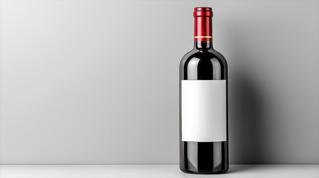 Elegant wine bottle with blank label standing on table against gray background