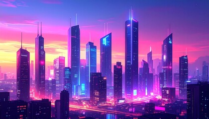 Fototapeta premium futuristic cityscape with neon lights and vibrant colors at dusk