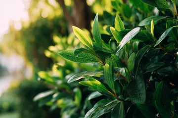 Fototapeta premium Close-up of laurel bush with bright green leaves, soft natural sunlight, slightly blurred background of lush garden, warm and cozy atmosphere.