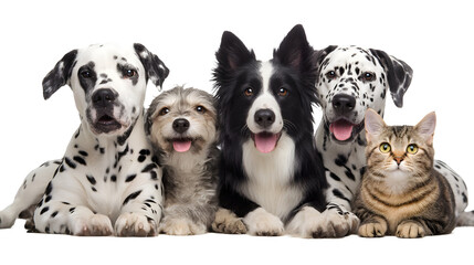 A group photo of a diverse set of happy and friendly domestic pets including dogs and cats sitting together and looking at the with cute expressions