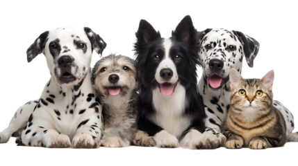 A group photo of a diverse set of happy and friendly domestic pets including dogs and cats sitting together and looking at the with cute expressions
