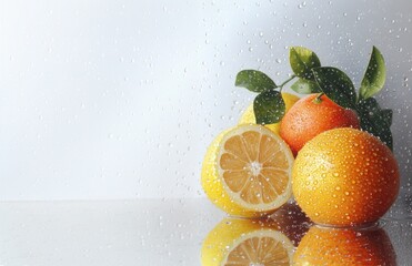 Citrus fruits on reflective glass with pure water drops, soft diffused light. Horizontal banner with copy space