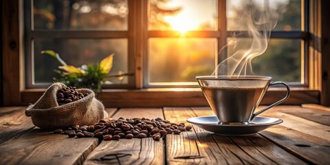 Morning sunlight streams through a window, illuminating a rustic wooden table where a steaming cup of coffee sits beside a burlap sack overflowing with roasted coffee beans.