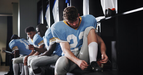 Shoes, laces or football player in locker room for sports preparation, match and game to start. Team, tie or athlete getting ready at half time of competition, fitness challenge and tournament event