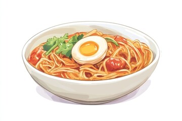 Delicious spaghetti with tomato sauce and soft boiled egg in a bowl