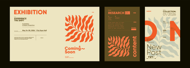 Fototapeta na wymiar Elegant editorial layouts featuring abstract botanical motifs and exhibition titles, with clean sans-serif fonts and minimal structural design.