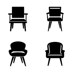 Modern 4 Chair Icon Set – Minimal Black Armchair Vector Collection for Interior and Furniture Design