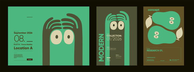 Minimal graphic posters with playful green figures and event data, merging humor, abstract shapes, and modern typographic compositions.
