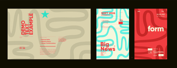 Playful posters with wavy grid lines, editorial text samples, and abstract compositions in pastel and neon contrast colors for demo layouts.