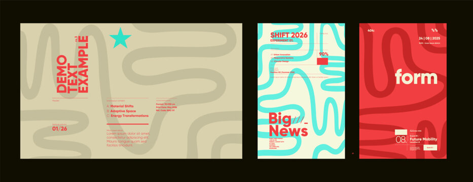 Playful posters with wavy grid lines, editorial text samples, and abstract compositions in pastel and neon contrast colors for demo layouts.