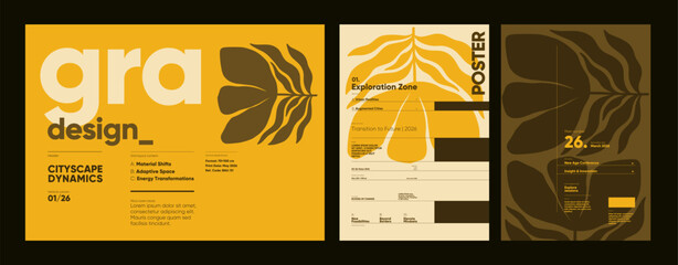 Fototapeta na wymiar Geometric floral-based posters using flat retro aesthetics and organized type hierarchy for showcasing futuristic city design themes.
