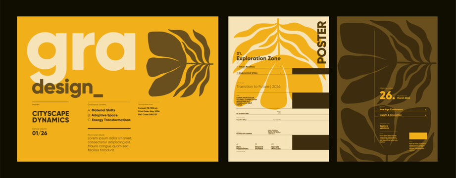 Geometric floral-based posters using flat retro aesthetics and organized type hierarchy for showcasing futuristic city design themes.