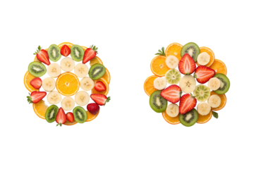 Two colorful circles of sliced fresh fruits on a grey transparent background
