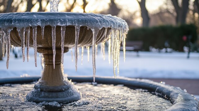 Frozen icy water cascading down a stone fountain in winter. - Powered by Adobe