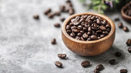 Aromatic Coffee Beans in Wooden Bowl on Textured Surface for a Cozy Moment
