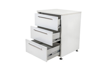 White Filing Cabinet with Three Drawers Partially Open for Office Storage transparent background
