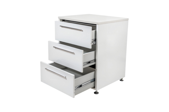 White Filing Cabinet with Three Drawers Partially Open for Office Storage transparent background