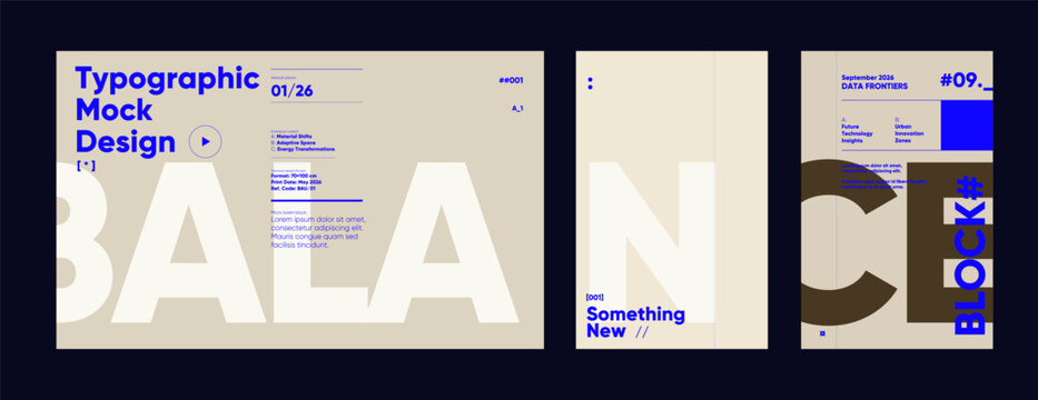 Minimal layout design featuring oversized letters and clean modular text blocks. Strong contrast between type scales for bold visual structure.