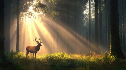 Deer standing in a forest with golden sunlight filtering through the trees creating striking beams