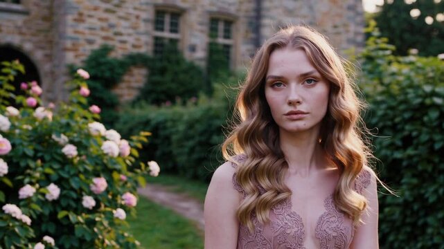 young woman walks slowly through an overgrown garden path beside an old stone castle. She turns her head slightly toward the camera, revealing a calm, unreadable expression