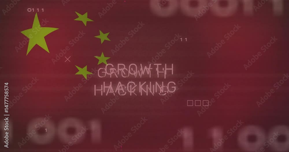 growth hacking text pulsing on red backdrop, showing lime-green stars floating and binary glitch