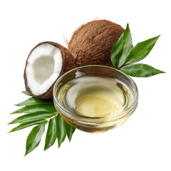 Coconut Oil in Glass Bowl with Coconut Fruit and Leaves on Transparent Background

