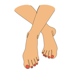 Silhouettes of human legs, feet in modern one line style. Red painted nails. Continuous line drawing, stickers, logo. Vector illustration.