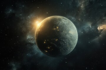 Obraz premium Distant planet with city lights in deep space landscape view of cosmic dust and stars