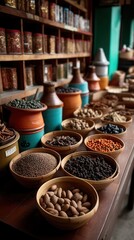 Fototapeta premium Vibrant traditional spice shop display with colorful ingredients in wooden bowls