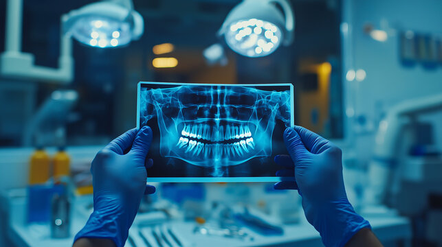 dentist examining panoramic dental x-ray in modern clinic - Powered by Adobe