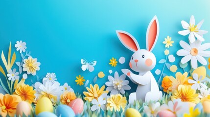 Fototapeta premium Colorful Paper Cut Easter Bunny in a Bright Spring Background