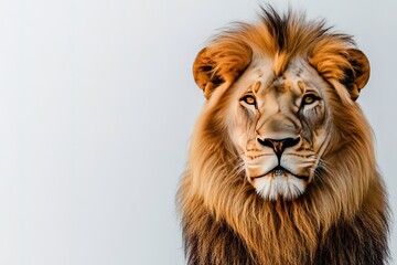 A majestic lion with a flowing mane, captured in sharp detail against a plain white backdrop