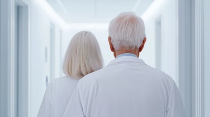 Obraz premium Senior Doctors Walking Together in Modern Hospital Corridor, Symbolizing Care and Compassion in Healthcare Environment