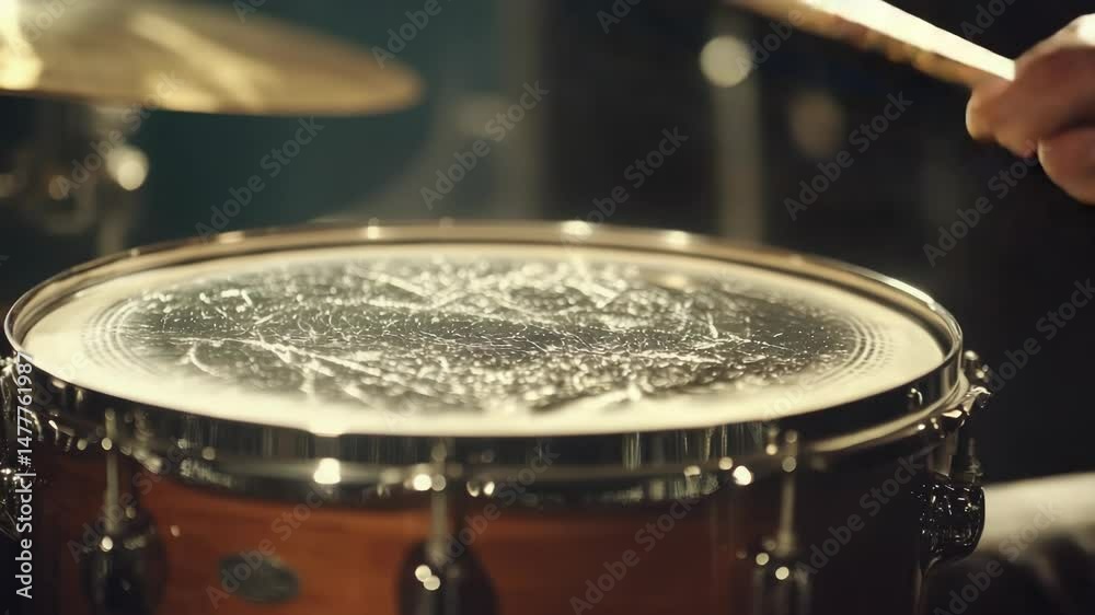 Poster a musician plays the drums with focus on their hands and instrument, ideal for use in music-related 