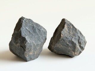 Two gray rocks resting on white backdrop studio shot close up still life geology mineralogy petrology