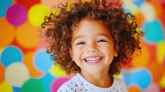 Smiling child, a cheerful child with curly hair smiles brightly in front of a vibrant background filled with colorful polka dots. Portrait of a happy kid smiling and laughing. Illustration