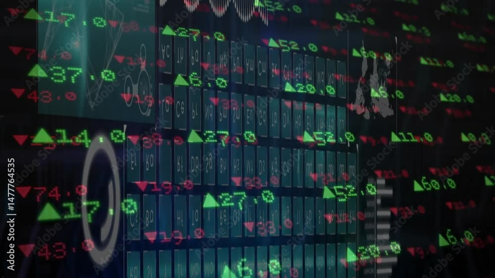 Poster floating green red numeric values moving across dark interface, showing up down arrows, bars