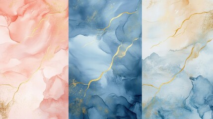 Watercolor art background vector. Wallpaper design with paint brush and gold line art. Earth tone blue, pink, ivory, beige watercolor Illustration for prints, wall art, cover and invitation cards. il