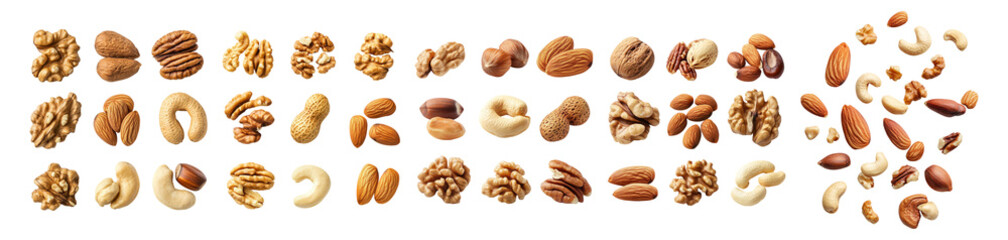 Various Types of Nuts and Seeds Displayed on a Black Background, Isolated on Transparent, white background