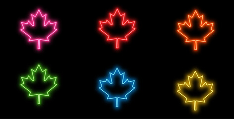 Glowing neon maple leaf icons set in multiple colors on isolated dark background &ndash; bright canadian autumn symbol, seasonal, nature, cultural heritage, vector