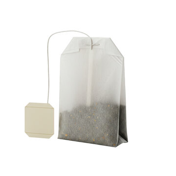 Single teabag with string and label isolated on transparent background