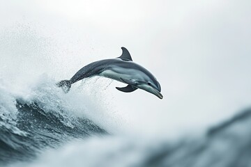 Naklejka premium A playful dolphin leaping through the air, its sleek body captured in mid-motion against a white backdrop
