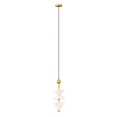 A gold and white lamp hanging from the ceiling